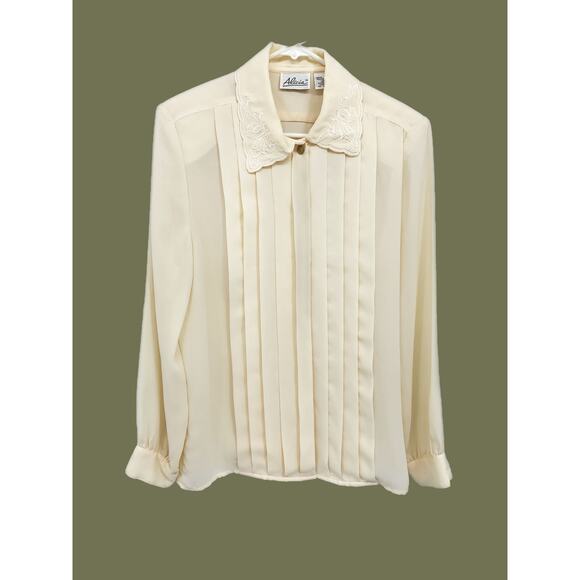 Alicia Cream Korean Pleated Blouse Embroidered Neckline Size 12 - Picture 1 of 6